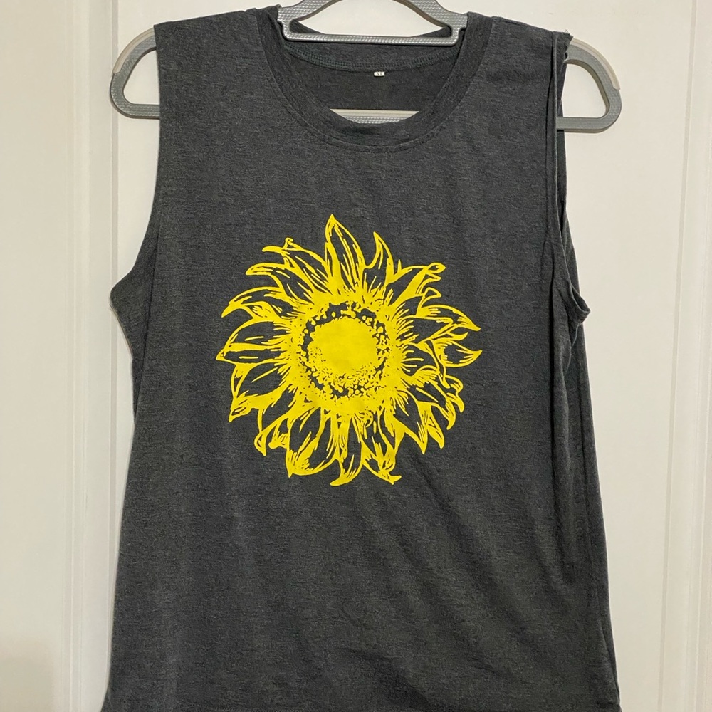 Sunflower Print Sleeveless Tee - Charcoal and Yellow